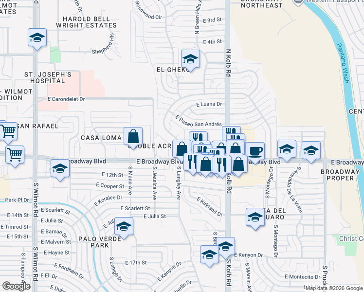 map of restaurants, bars, coffee shops, grocery stores, and more near 11 North Langley Avenue in Tucson