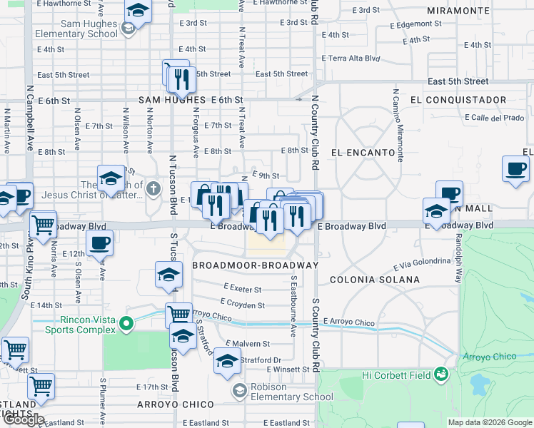 map of restaurants, bars, coffee shops, grocery stores, and more near 2 North Stewart Avenue in Tucson
