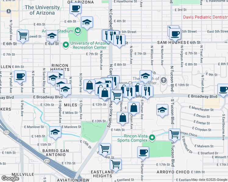 map of restaurants, bars, coffee shops, grocery stores, and more near in Tucson