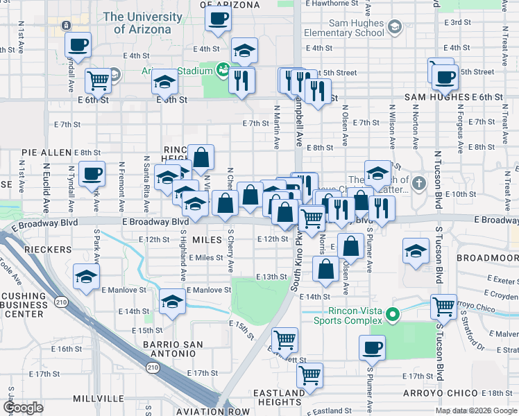 map of restaurants, bars, coffee shops, grocery stores, and more near 1727 East Broadway Boulevard in Tucson