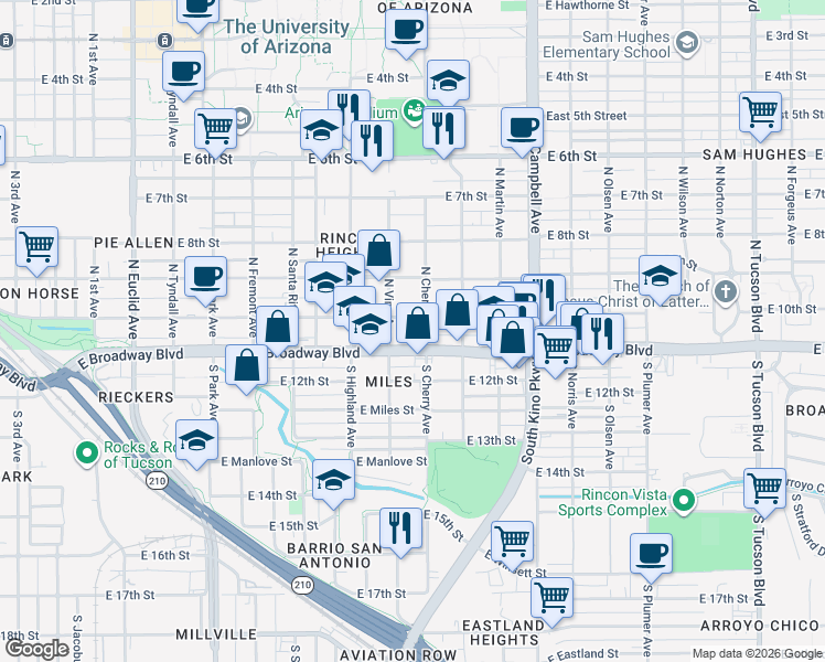 map of restaurants, bars, coffee shops, grocery stores, and more near 1515 East Broadway Boulevard in Tucson
