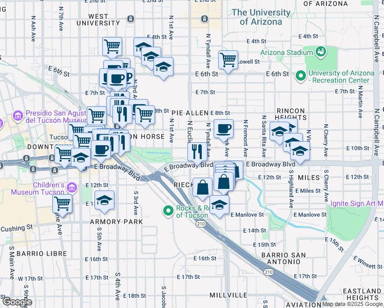 map of restaurants, bars, coffee shops, grocery stores, and more near in Tucson