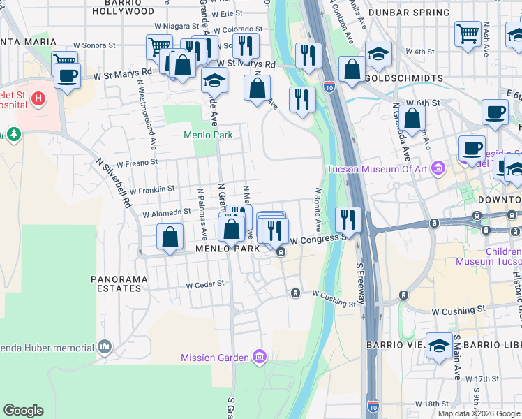 map of restaurants, bars, coffee shops, grocery stores, and more near 44 North Melwood Avenue in Tucson