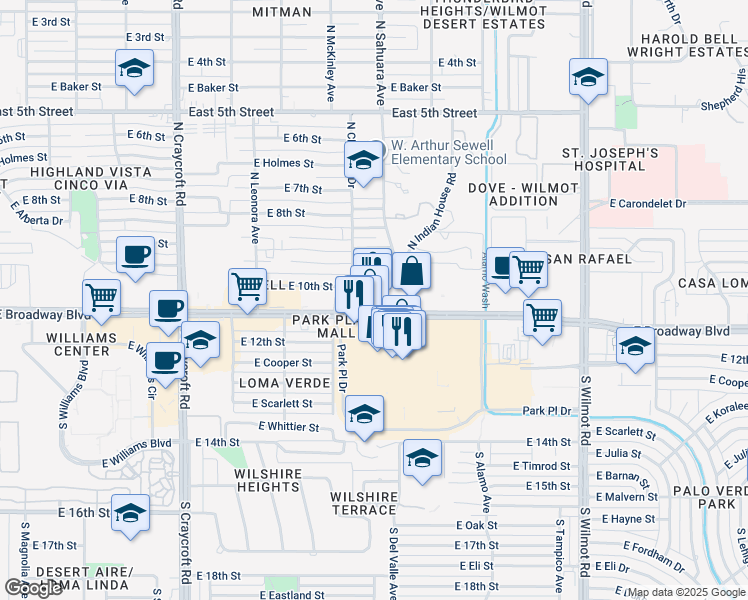 map of restaurants, bars, coffee shops, grocery stores, and more near 5855 East Broadway Boulevard in Tucson