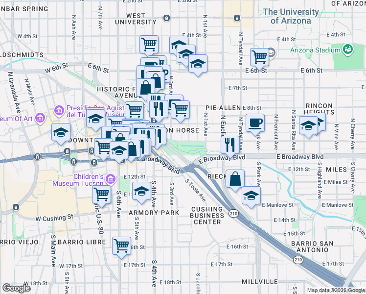 map of restaurants, bars, coffee shops, grocery stores, and more near 75 West 1st Street in Tucson