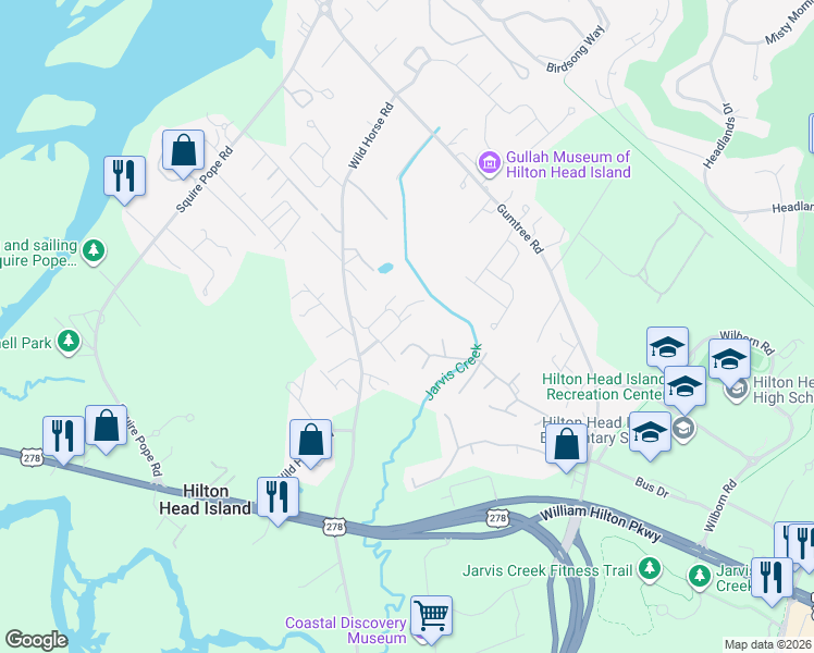 map of restaurants, bars, coffee shops, grocery stores, and more near 26 Sunday Ford Drive in Hilton Head Island