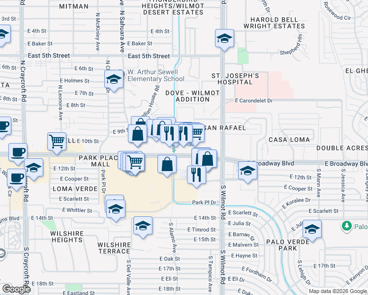 map of restaurants, bars, coffee shops, grocery stores, and more near 6129 East Broadway Boulevard in Tucson