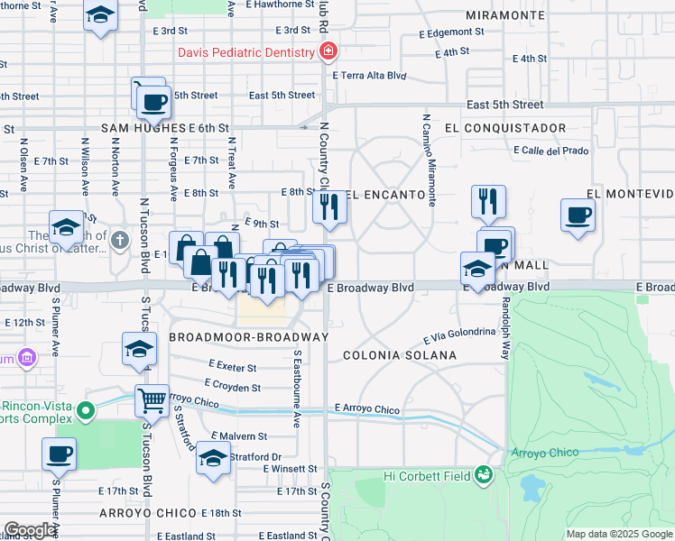 map of restaurants, bars, coffee shops, grocery stores, and more near 3131 East Broadway Boulevard in Tucson
