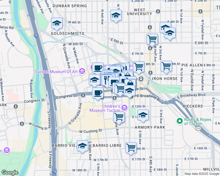 map of restaurants, bars, coffee shops, grocery stores, and more near 55W West Broadway Boulevard in Tucson