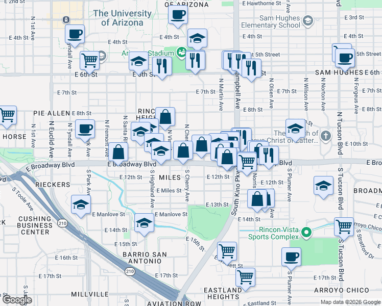 map of restaurants, bars, coffee shops, grocery stores, and more near 1608 East 10th Street in Tucson