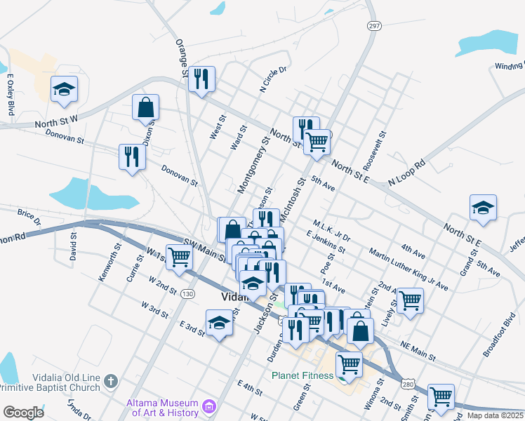 map of restaurants, bars, coffee shops, grocery stores, and more near 300 McIntosh Street in Vidalia