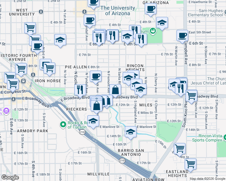 map of restaurants, bars, coffee shops, grocery stores, and more near in Tucson
