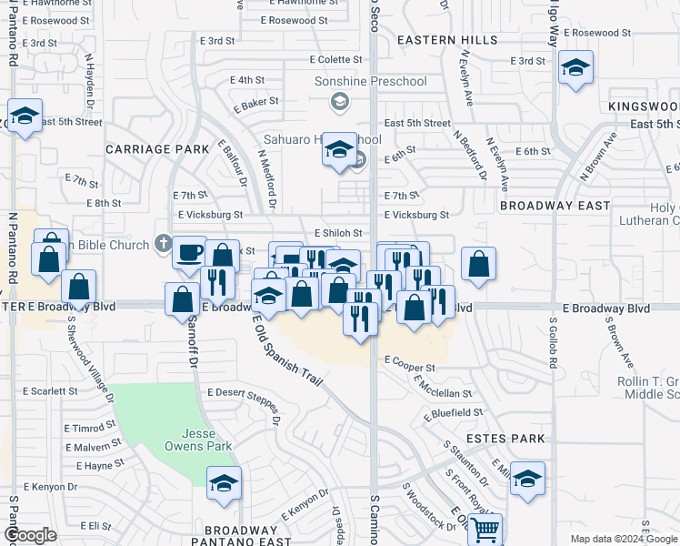 map of restaurants, bars, coffee shops, grocery stores, and more near 8665 East Broadway Boulevard in Tucson