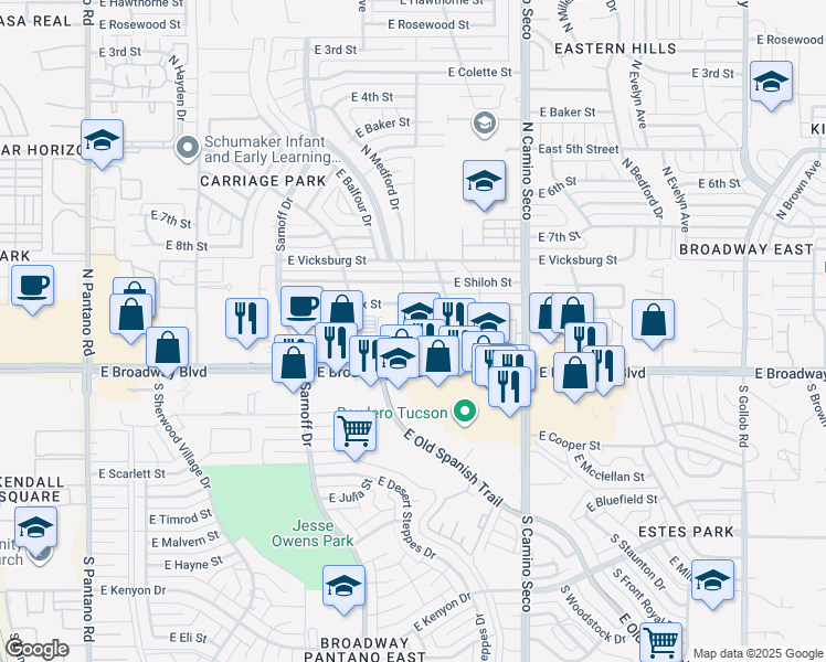 map of restaurants, bars, coffee shops, grocery stores, and more near 8495 East Broadway Boulevard in Tucson