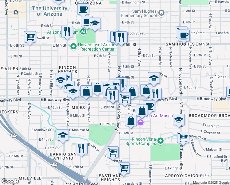 map of restaurants, bars, coffee shops, grocery stores, and more near 1827 East Broadway Boulevard in Tucson