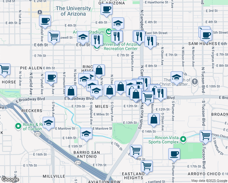 map of restaurants, bars, coffee shops, grocery stores, and more near 1615 East Broadway Boulevard in Tucson