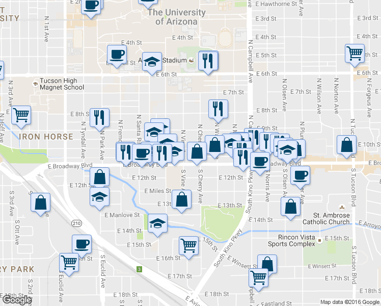 map of restaurants, bars, coffee shops, grocery stores, and more near 1515 East Broadway Boulevard in Tucson