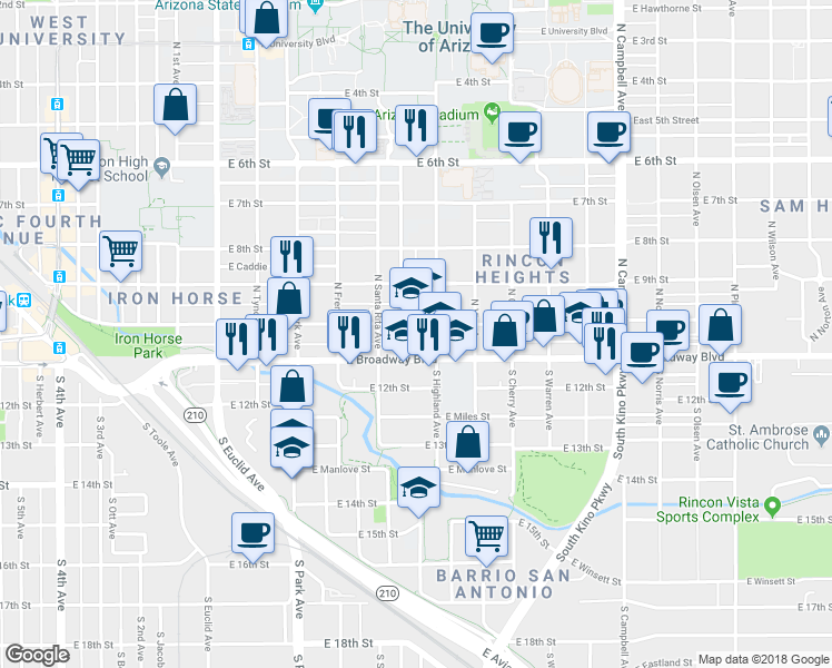 map of restaurants, bars, coffee shops, grocery stores, and more near 1301 East Broadway Boulevard in Tucson
