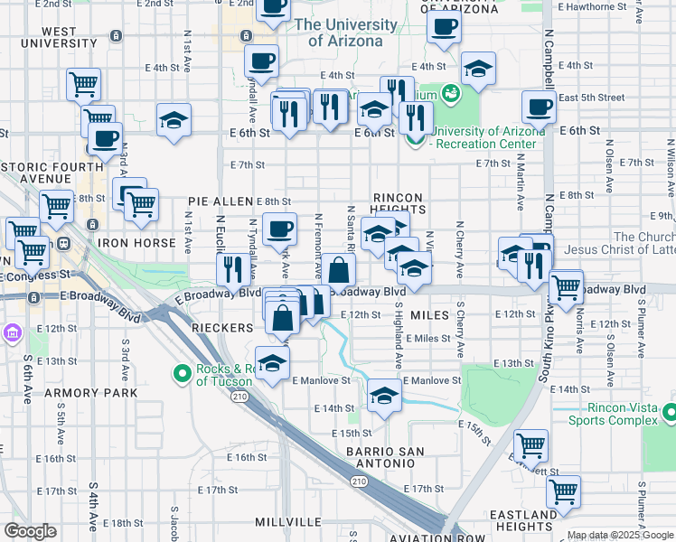 map of restaurants, bars, coffee shops, grocery stores, and more near in Tucson