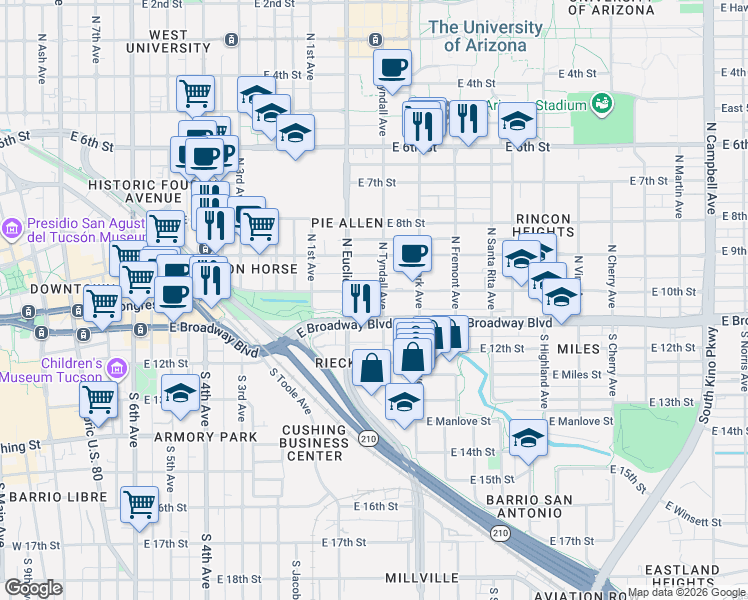 map of restaurants, bars, coffee shops, grocery stores, and more near 843 East Broadway Boulevard in Tucson