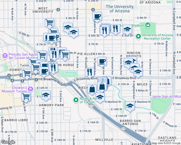 map of restaurants, bars, coffee shops, grocery stores, and more near 843 East Broadway Boulevard in Tucson