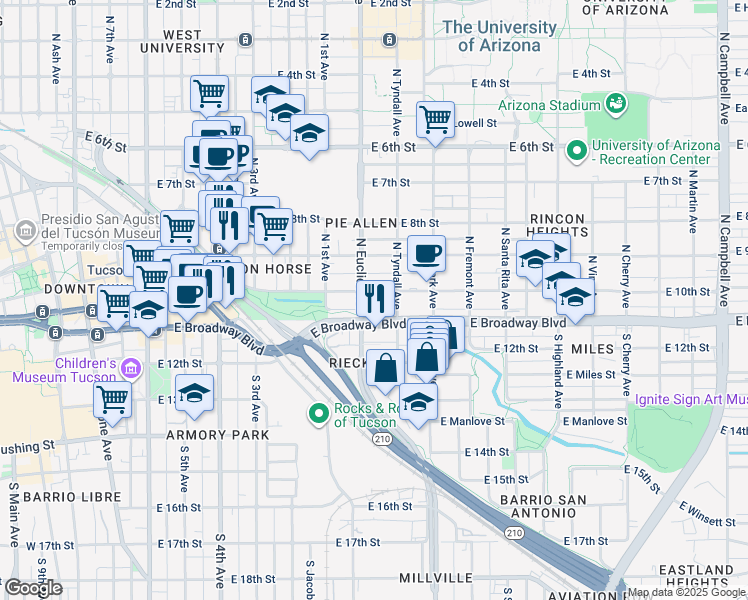 map of restaurants, bars, coffee shops, grocery stores, and more near in Tucson