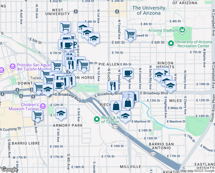 map of restaurants, bars, coffee shops, grocery stores, and more near in Tucson