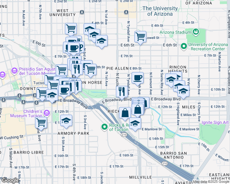 map of restaurants, bars, coffee shops, grocery stores, and more near in Tucson
