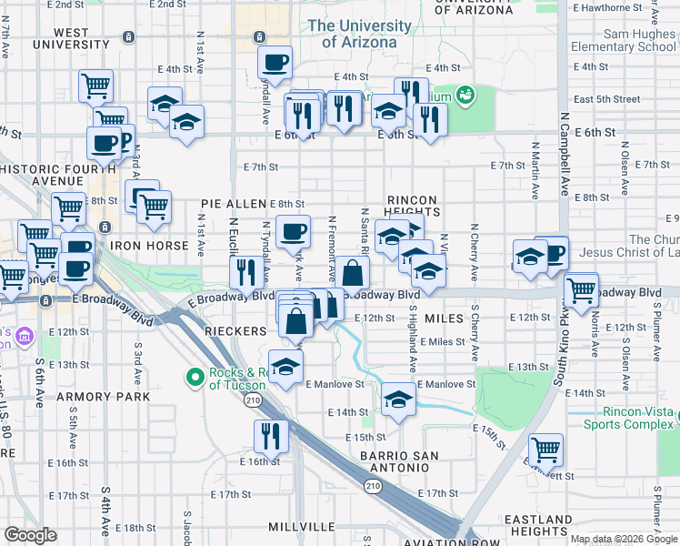 map of restaurants, bars, coffee shops, grocery stores, and more near 1108 East 10th Street in Tucson