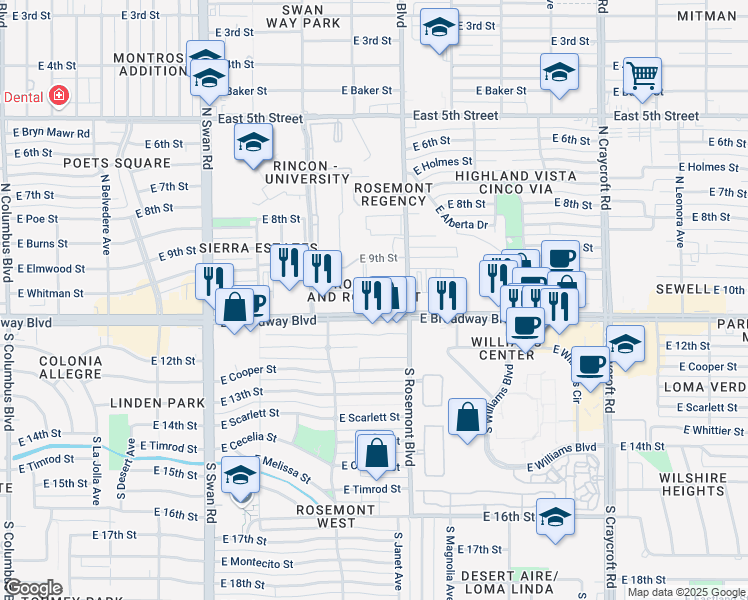 map of restaurants, bars, coffee shops, grocery stores, and more near 5034 E Broadway Blvd in Tucson