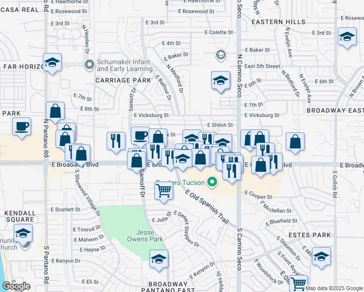 map of restaurants, bars, coffee shops, grocery stores, and more near 8455 East Broadway Boulevard in Tucson