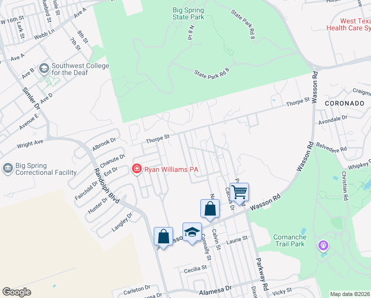 map of restaurants, bars, coffee shops, grocery stores, and more near 2700 Apache Drive in Big Spring