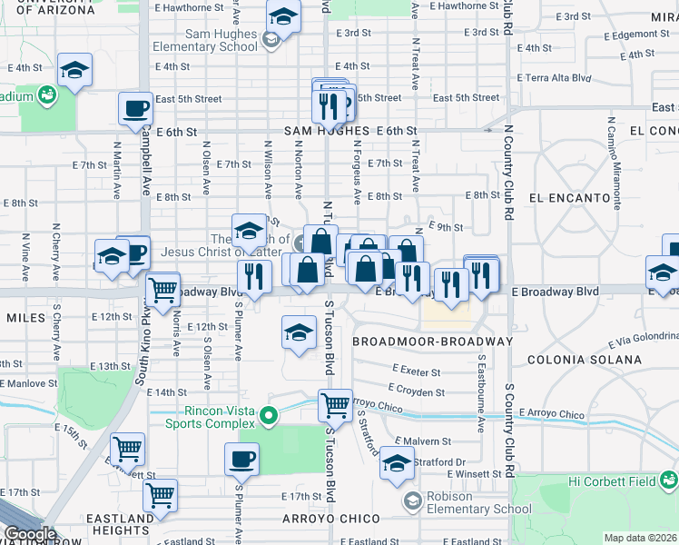 map of restaurants, bars, coffee shops, grocery stores, and more near 2544 East 10th Street in Tucson