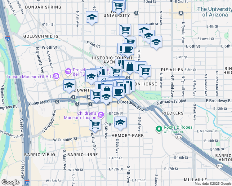 map of restaurants, bars, coffee shops, grocery stores, and more near 400 North Toole Avenue in Tucson