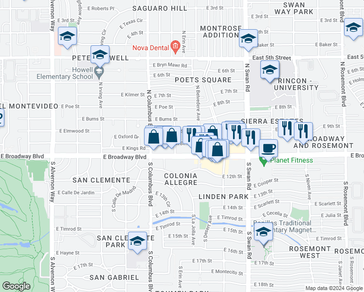 map of restaurants, bars, coffee shops, grocery stores, and more near 4416 East Whitman Street in Tucson
