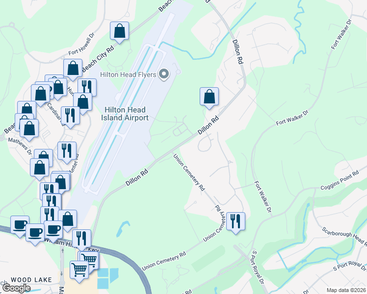 map of restaurants, bars, coffee shops, grocery stores, and more near 85-105 Dillon Road in Hilton Head Island