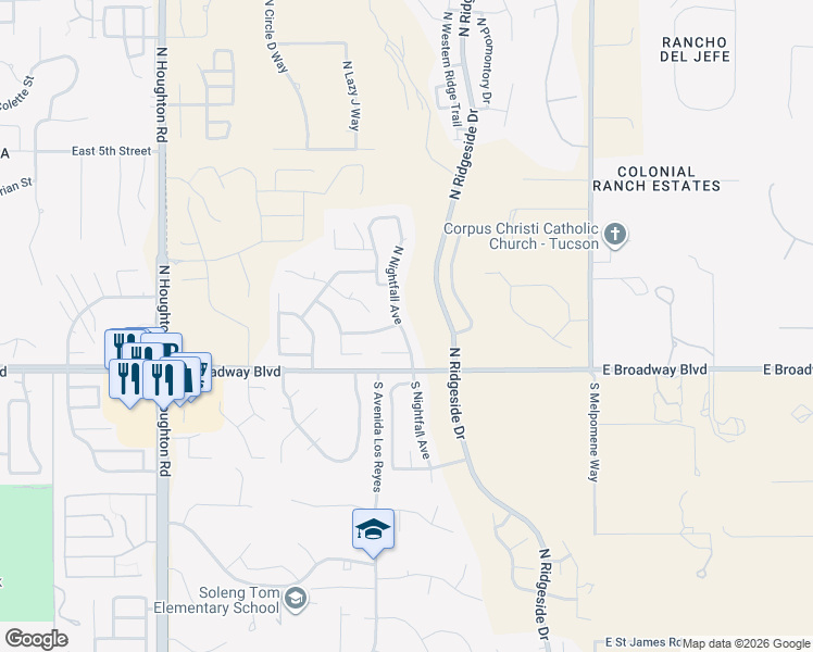 map of restaurants, bars, coffee shops, grocery stores, and more near 180 North Nightfall Avenue in Tucson
