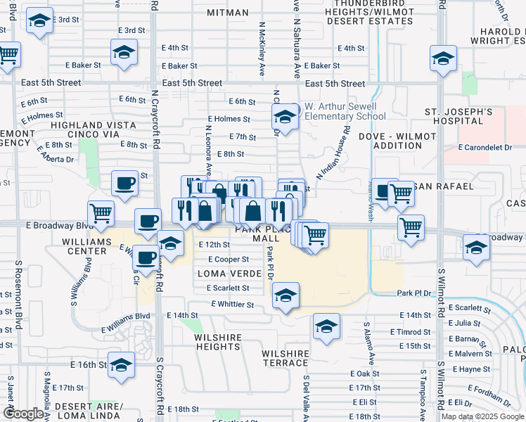 map of restaurants, bars, coffee shops, grocery stores, and more near 5731 East 10th Street in Tucson