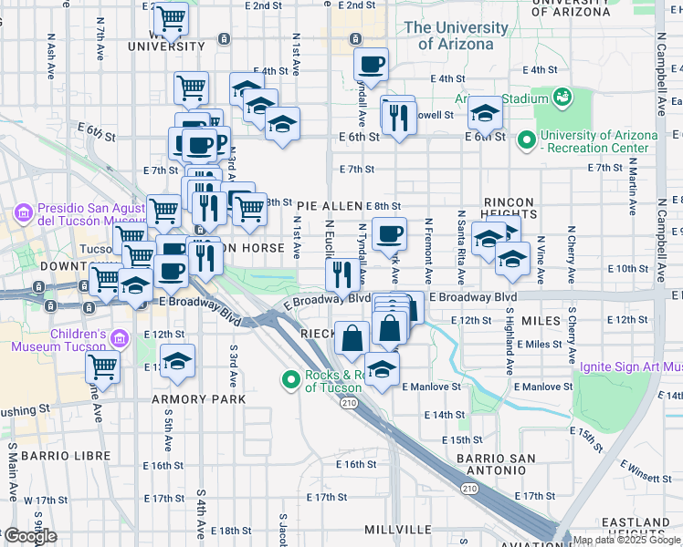 map of restaurants, bars, coffee shops, grocery stores, and more near 128 North Euclid Avenue in Tucson