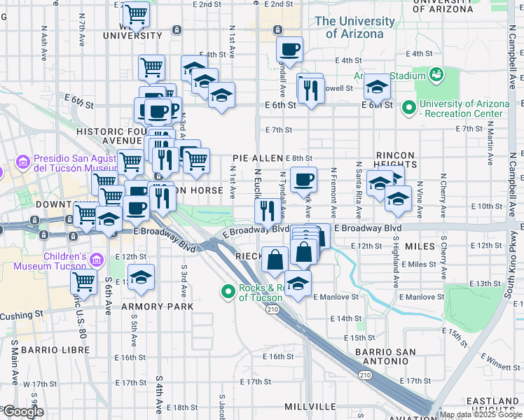 map of restaurants, bars, coffee shops, grocery stores, and more near 128 North Euclid Avenue in Tucson