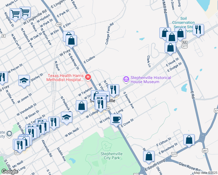 map of restaurants, bars, coffee shops, grocery stores, and more near 291 East Tarleton Street in Stephenville
