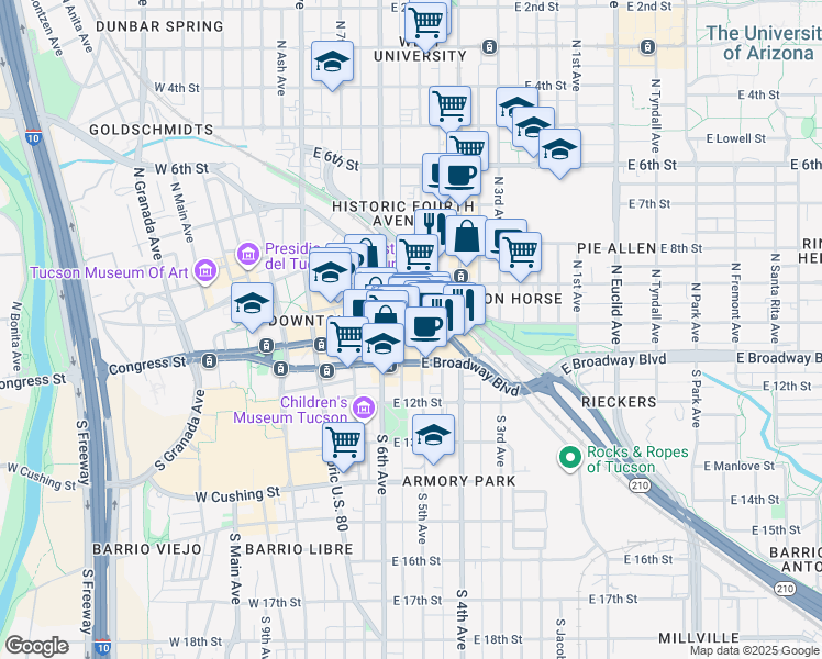 map of restaurants, bars, coffee shops, grocery stores, and more near 1 North 5th Avenue in Tucson