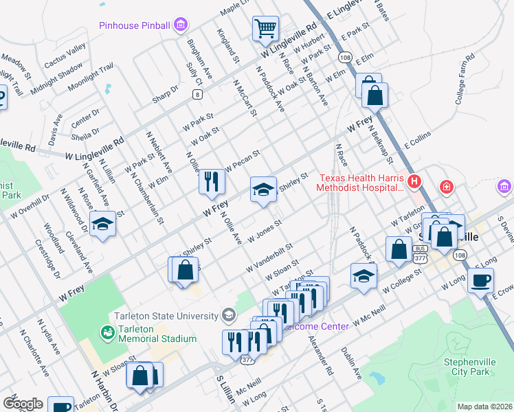 map of restaurants, bars, coffee shops, grocery stores, and more near 863 Clinton Avenue in Stephenville