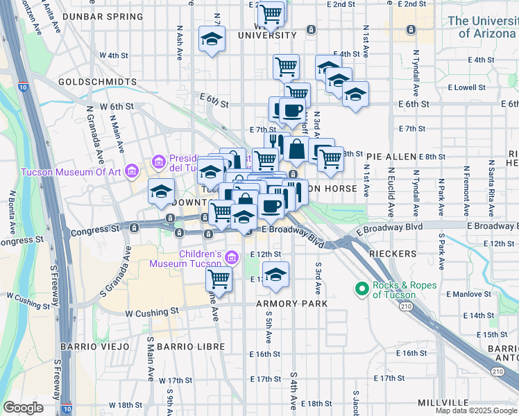 map of restaurants, bars, coffee shops, grocery stores, and more near 1 North 5th Avenue in Tucson