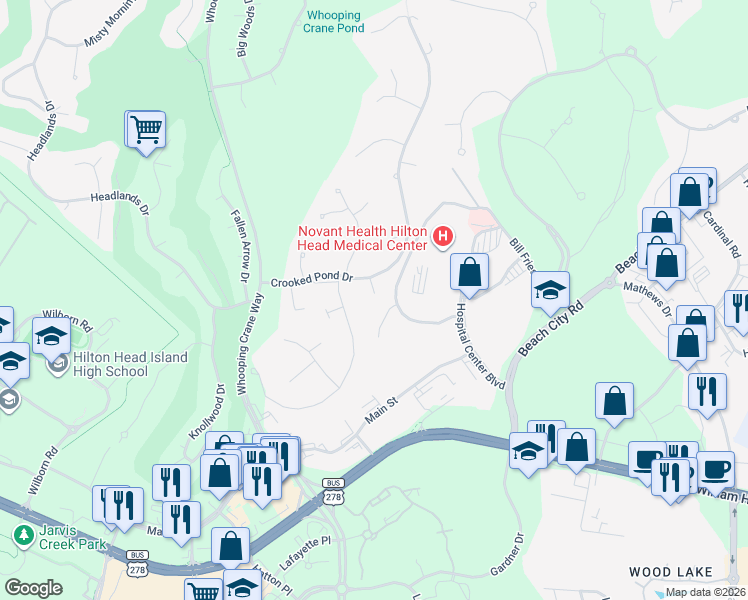 map of restaurants, bars, coffee shops, grocery stores, and more near 16 Crooked Pond Drive in Hilton Head Island
