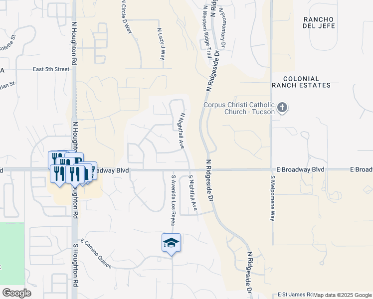 map of restaurants, bars, coffee shops, grocery stores, and more near 180 North Nightfall Avenue in Tucson