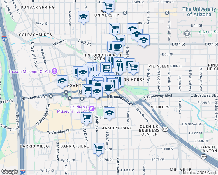 map of restaurants, bars, coffee shops, grocery stores, and more near 311 East Congress Street in Tucson