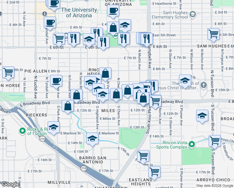 map of restaurants, bars, coffee shops, grocery stores, and more near 1521 East 10th Street in Tucson