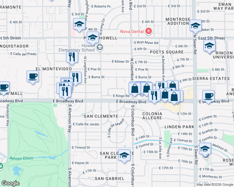 map of restaurants, bars, coffee shops, grocery stores, and more near 4215 East Oxford Drive in Tucson