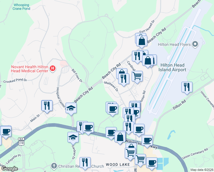 map of restaurants, bars, coffee shops, grocery stores, and more near 1 Mathews Drive in Hilton Head Island